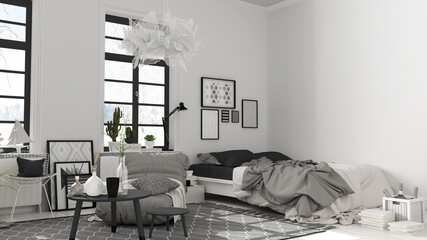 Scandinavian open space in white and gray tones, bedroom with bed and decors, coffee tables, armchair, pillows, carpet, decors and plants, parquet floor, modern interior design