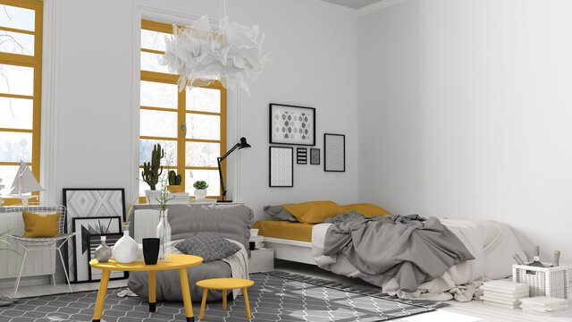 Scandinavian open space in white and yellow tones, bedroom with bed and decors, coffee tables, armchair, pillows, carpet, decors and plants, parquet floor, modern interior design