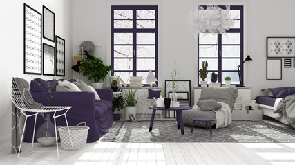 Scandinavian open space in white and purple tones, living room with sofa, coffee tables, armchair, pillows, carpet, decors and potted plants, parquet floor, modern interior design