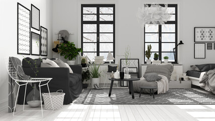 Scandinavian open space in white and gray tones, living room with sofa, coffee tables, armchair, pillows, carpet, decors and potted plants, parquet floor, modern interior design