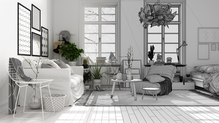 Architect interior designer concept: unfinished project that becomes real, scandinavian open space, living room with sofa and armchair, pillow, carpet, parquet, modern interior design