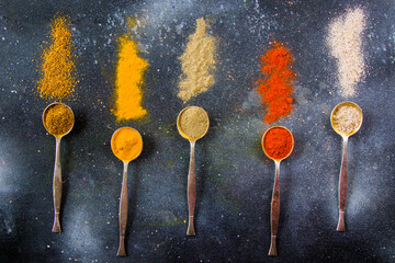 variation of spices on the vintage silver spoons, all spices on the table