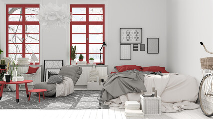 Scandinavian open space in white and red tones, bedroom with bed and decors, coffee tables, armchair, pillows, carpet, decors and potted plants, parquet floor, modern interior design