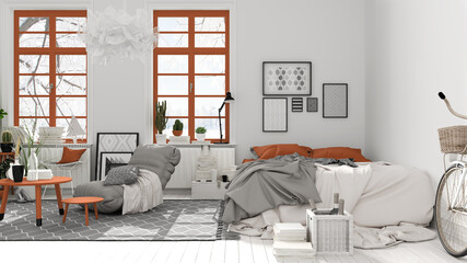 Scandinavian open space in white and orange tones, bedroom with bed and decors, coffee tables, armchair, pillows, carpet, decors and plants, parquet floor, modern interior design