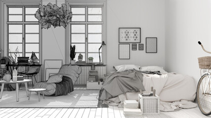 Architect interior designer concept: unfinished project that becomes real, scandinavian open space, bedroom with double bed and decors, coffee tables, armchair, modern interior design