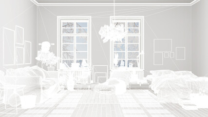 Empty white interior with white walls and parquet wooden floor, custom architecture design project, white ink sketch, blueprint showing scandinavian living room with bed, architecture