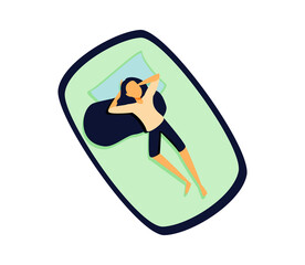 Dream in a hot summer night. Young woman sleeping in bed without a blanket. Female cartoon character lying in a comfortable pose during night slumber. Top view. 