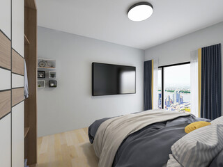 Modern and elegant bedroom design, big bed next to the big chest and cupboard, the room also has a television