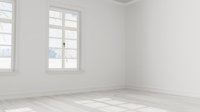 Empty room interior design, open space with big panoramic window, white parquet floor, winter snow panorama, modern architecture idea