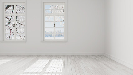 Fototapeta premium Empty room interior design, open space with big panoramic window, white parquet floor, winter snow panorama, modern architecture idea