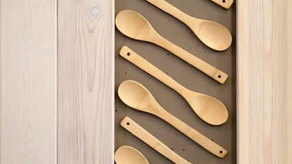Ornament of wooden spoons is shown as an interior item for a cafe or restaurant. The concept of food and ecology.