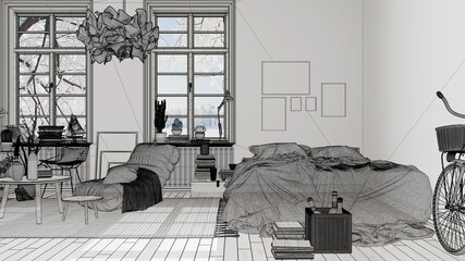 Empty white interior with white walls and parquet wooden floor, custom architecture design project, black ink sketch, blueprint showing scandinavian bedroom with bed, architecture