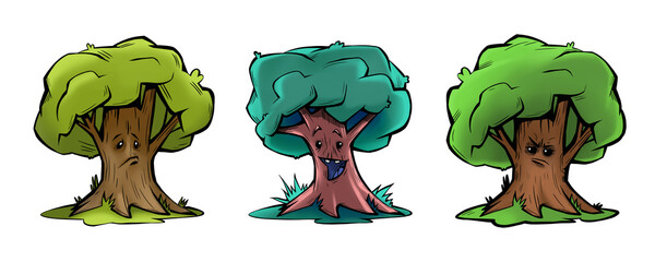 Set of funny cute trees. Comic halloween scary monster characters. Funny heroes  © Nadya