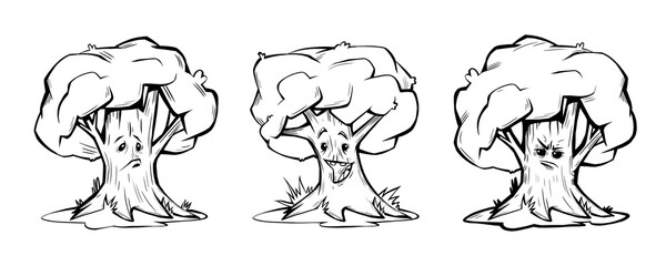 Set of funny cute mascots. Comic halloween scary monster characters. Funny trees