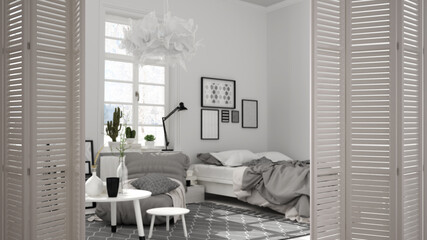 White folding door opening on black and white scandinavian bedroom, bed, carpet, coffee tables, big panoramic window, interior design, architect designer concept, blur background