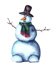 Watercolor illustration symbol Of merry Christmas And New Year. funny Snowman in a black hat with branches for hands, with a carrot for a nose. Isolated on a white background.