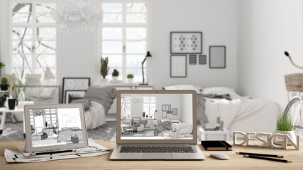 Architect designer desktop concept, laptop and tablet on wooden desk with screen showing interior design project and CAD sketch, blurred draft in the background, scandinavian bedroom