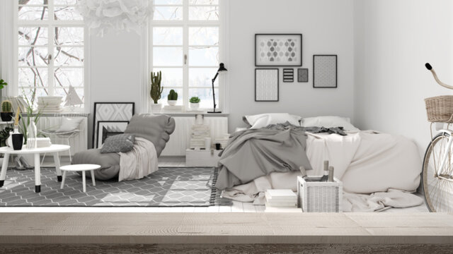 Wooden vintage table top or shelf closeup, zen mood, over scandinavian white and black bedroom with double bed, armchair, window and decors, white architecture interior design