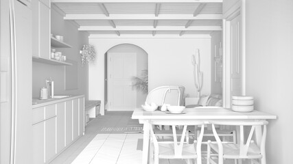 Total white project of scandinavian ethnic living and dining room, kitchen. Sofa and coffee table, table with chairs, carpet and pendant lamps. Modern interior design concept idea