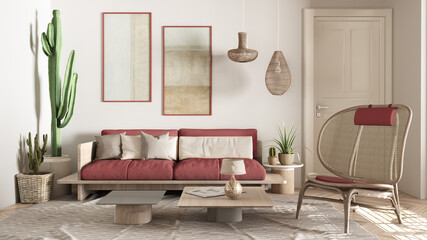 Scandinavian ethnic red and wooden living room. Sofa and coffee tables, wooden armchair with pillows, carpet and pendant lamps. Succulent plants. Modern interior design concept idea