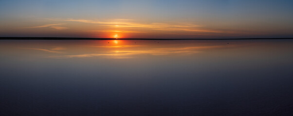 Sunset Genichesk pink  salty lake panorama, Ukraine