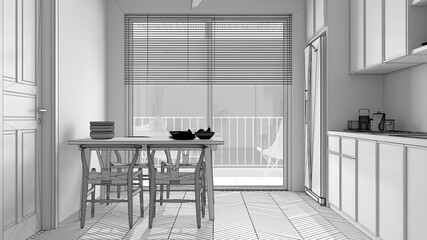 Unfinished project of scandinavian ethnic kitchen and dining room. Big panoramic window, table with chairs. Modern interior design concept idea
