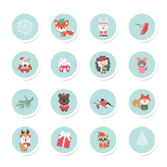 A set of round icons with a Christmas theme with forest animals.Vector illustration of a flat design.