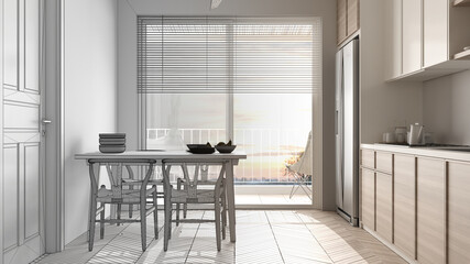 Architect interior designer concept: unfinished project that becomes real, scandinavian ethnic kitchen and dining room. Big window, table with chairs. Modern design concept idea