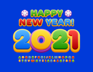 Vector colorful card Happy New Year 2021! Children style Font. Bright Alphabet Letters and Numbers set