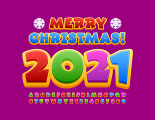 Vector bright card Merry Christmas 2021! Colorful creative Font. Kids Alphabet Letters and Numbers set