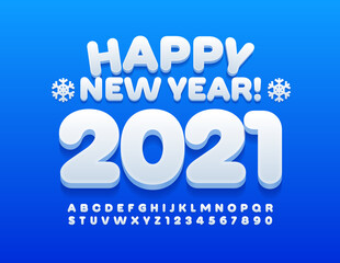 Vector card Happy New Year 2021 with decorative Snowflakes White trendy Font. Set of modern style Alphabet Letters and Numbers