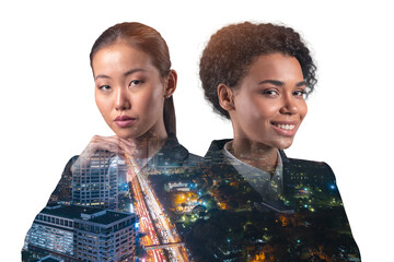 Double exposure of two young, successful, business people, woman, standing in front of Asian city Bangkok background. Concept of teamwork. Night time.
