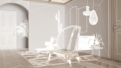 Empty white interior with parquet floor, custom architecture design project, white ink sketch, blueprint showing living room with wooden armchair, carpet and sofa, interior design