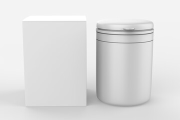 glossy jar with lid for sport powder - protein, vitamins, bcaa, tablets. Photo-realistic packaging mockup template. 3d illustration