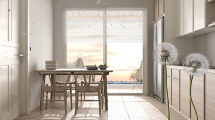 Fluffy airy dandelion with blowing seeds spores over modern kitchen with dining table and panoramic window. Interior design idea. Change, growth, movement and freedom concept