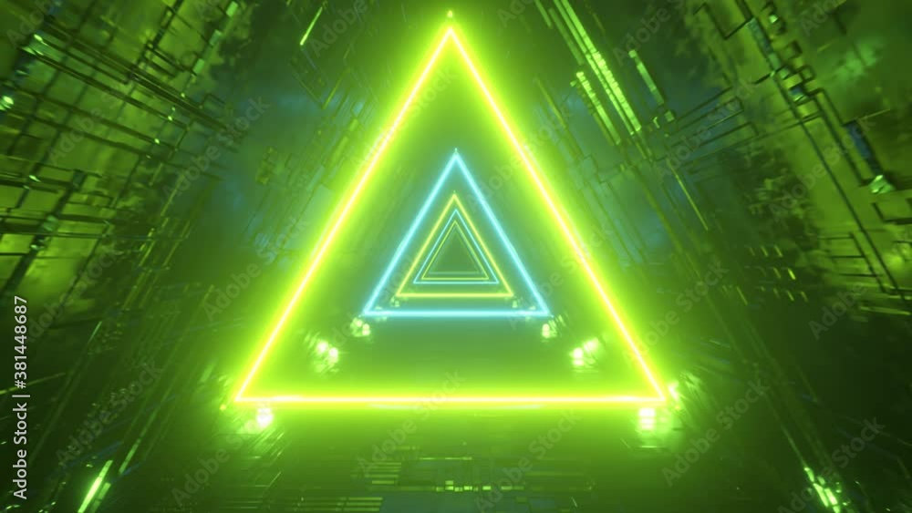 Poster sci-fi tunnel with neon triangles. endless flight forward. modern neon lighting. seamless loop 3d re