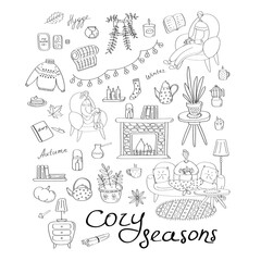 Warm and cozy set. Big collection of hygge elements. Seasonal concept. Linear vector icons