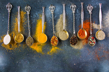 variation of spices on the vintage silver spoons, all spices on the table
