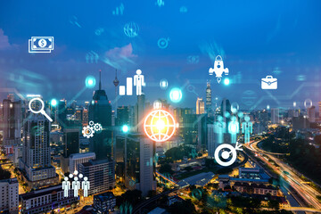 Research and technological development glowing icons. Night panoramic city view of Kuala Lumpur. Concept of innovative activities expanding new services or products in Malaysia, Asia. Double exposure.