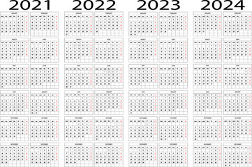 Calendario años 2021 2022 2023 2024 vector