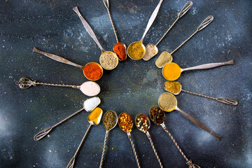 variation of spices on the vintage silver spoons, all spices on the table