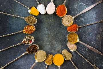 variation of spices on the vintage silver spoons, all spices on the table