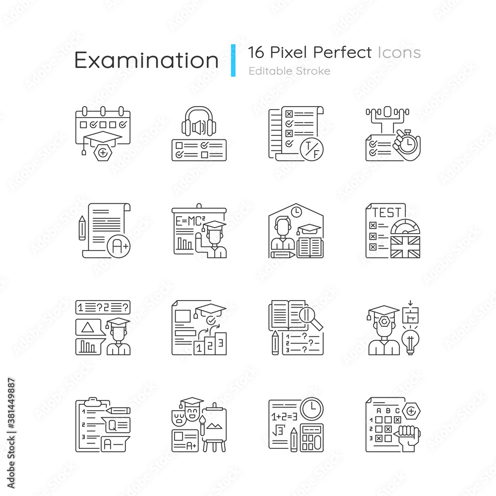 Poster examination tests pixel perfect linear icons set. exam paper with answers. studying, education. cust