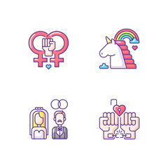LGBTQ community pride RGB color icons setHeterosexual wedding. Coming out of the closet. Lesbian love. Isolated vector illustrations