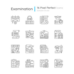 Fototapeta premium Examination tests pixel perfect linear icons set. Exam paper with answers. Studying, education. Customizable thin line contour symbols. Isolated vector outline illustrations. Editable stroke