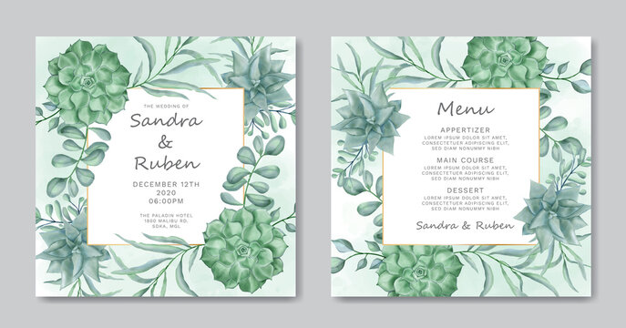 Wedding invitation and menu template with beautiful floral gold frame