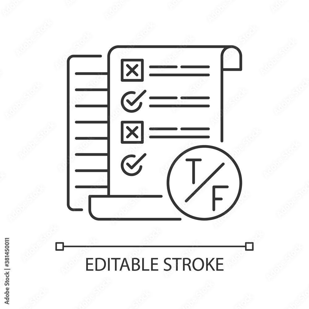 Poster true false test pixel perfect linear icon. short answer questioning. examination. thin line customiz