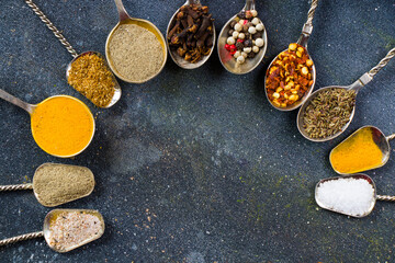 variation of spices on the vintage silver spoons, all spices on the table