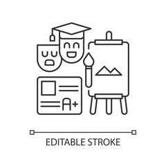 Creative certification exam pixel perfect linear icon. Art, theatrical education. Academy of art. Thin line customizable illustration. Contour symbol. Vector isolated outline drawing. Editable stroke