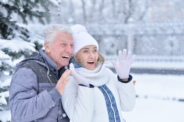 Portrait of happy senior couple at winter outdoors